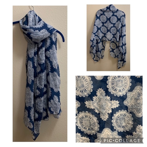 Silk Medallion Scarf Shawl Patriotic 4th of July Viscose Blue and White - Picture 1 of 8